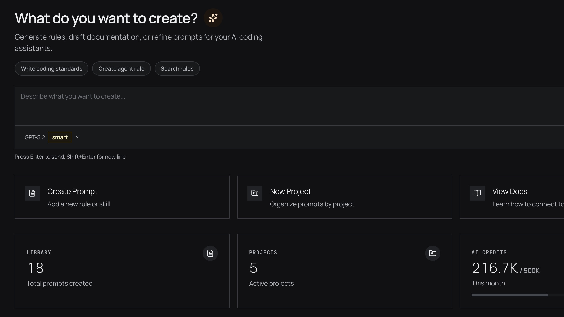 braid dashboard showing library stats, recent prompts, and AI credits
